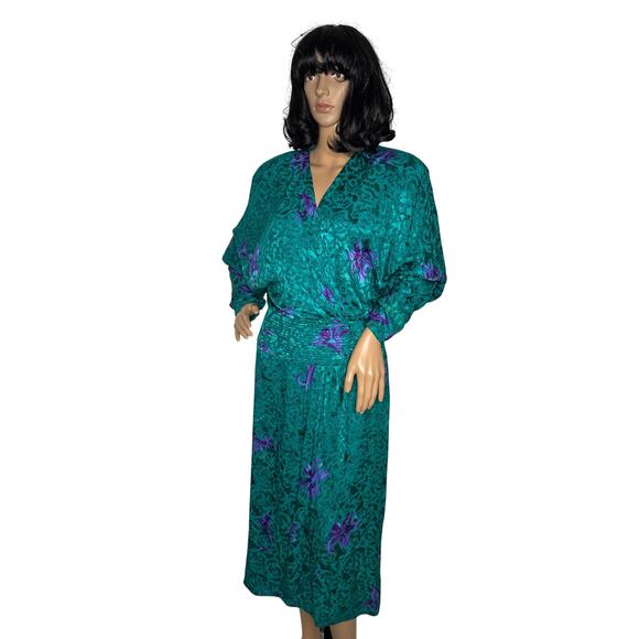Vintage Maggy London by Jeannene Booher 80s Teal Silk Floral Midi Dress medium - Picture 4 of 17